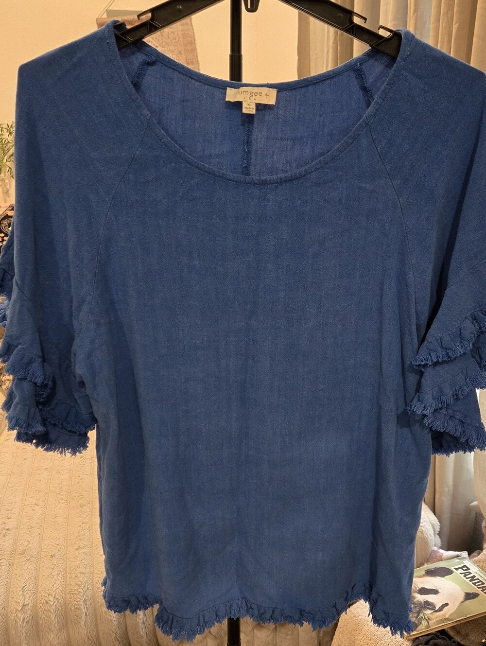Umgee Indigo Frayed-Sleeve Tunic Top